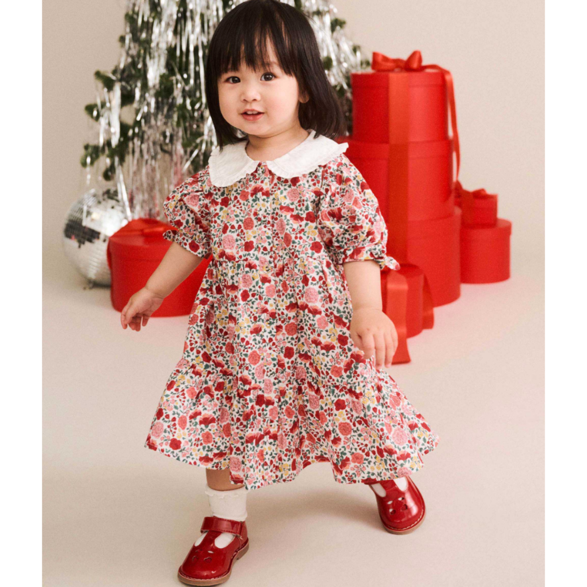 Festive Floral Frill Collar Dress