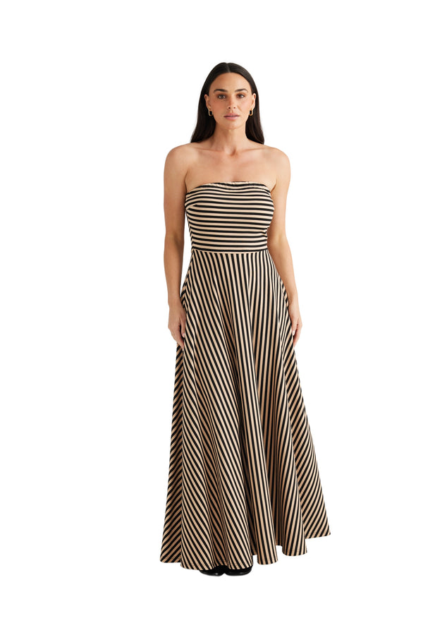 Thandie Dress - Tan w Black Stripe