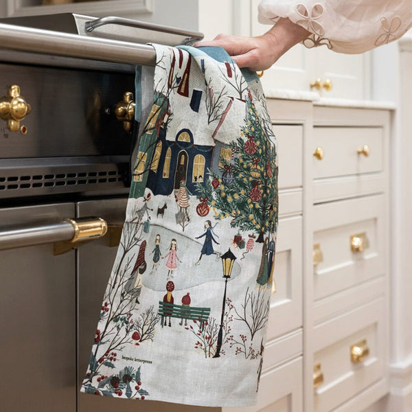Linen Tea Towel - Christmas Village