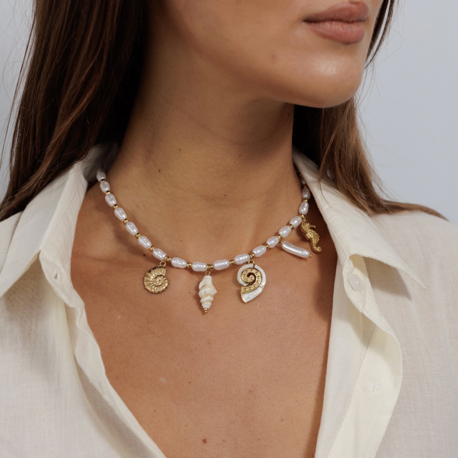 Gold Pearl Sea Charm Necklace