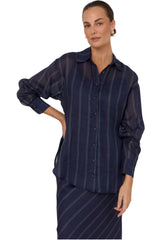 Estelle Stripe Ramie Shirt - Navy