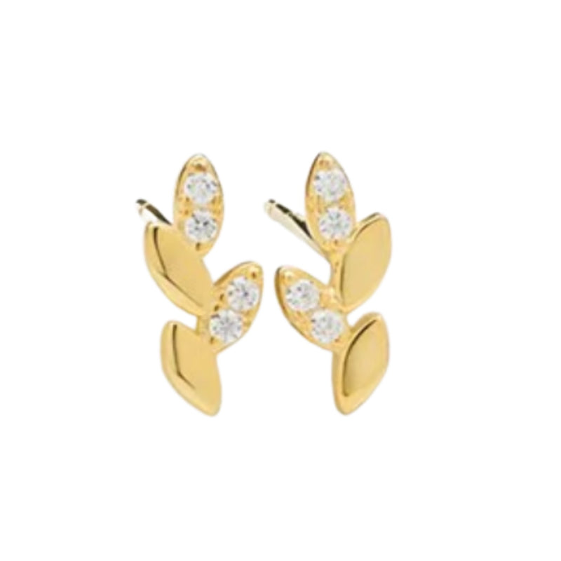 Crystal Leaf Stud Earrings - Gold