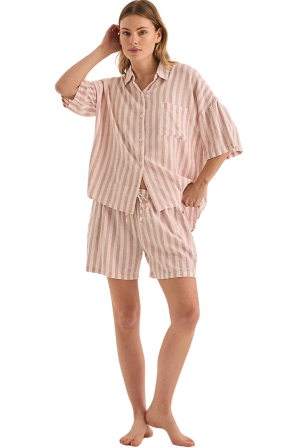 Evie Linen Stripe Short Set - Pink