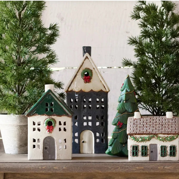 Tea Light House (L) - Blue/Wreath